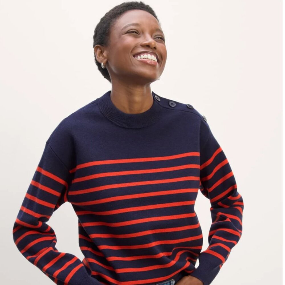 Everlane Mariner Crew Navy/Poppy Wool/Cotton Blend Sweater S